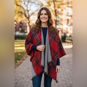 Modena Red Plaid Women's Shaw Poncho Wrap One Size